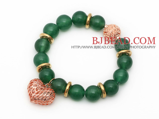 12mm Round Green Aventurine Beaded Stretch Bracelet with Golden Rose Color Hollow Heart and Ball Accessories
