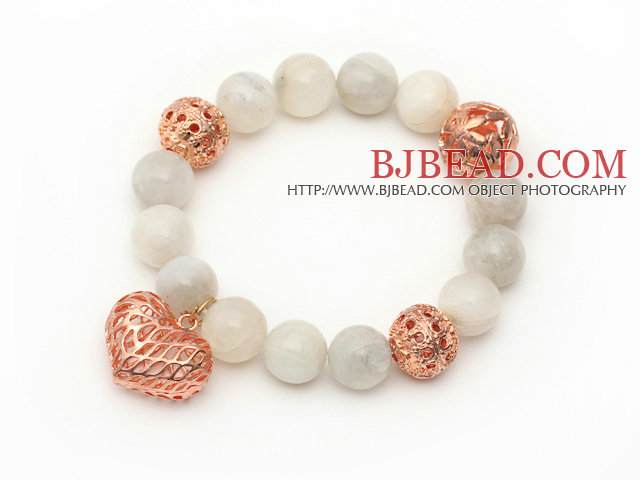 12mm Round Moonstone Beaded Stretch Bracelet with Golden Rose Color Hollow Heart and Ball Accessories