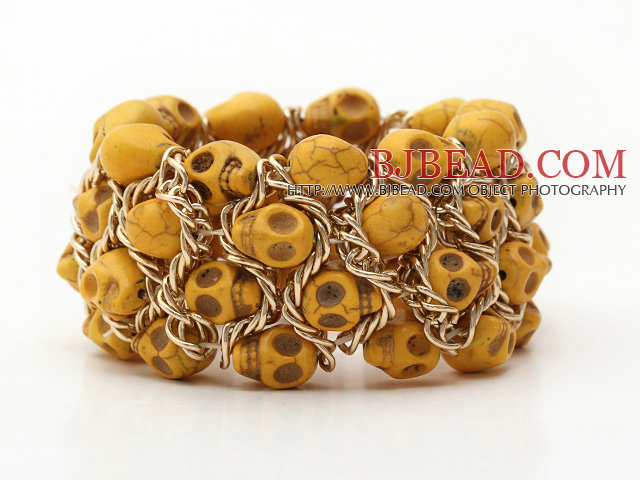 Fashion Style Dyed Lemon Yellow Turquoise Skull Stretch Cuff Bracelet with Yellow Color Metal Chain