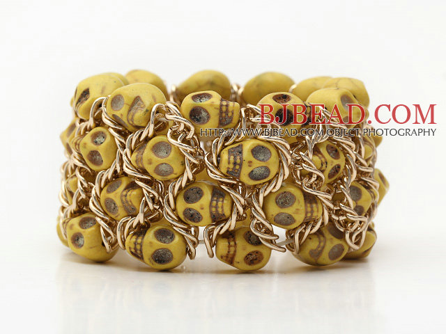 Fashion Style Dyed Yellow Color Turquoise Skull Stretch Cuff Bracelet with Yellow Color Metal Chain