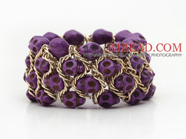 Fashion Style Dyed Purple Turquoise Skull Stretch Cuff Bracelet with Yellow Color Metal Chain