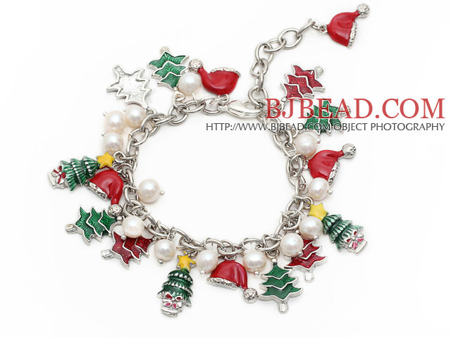 2014 Christmas Design White Freshwater Pearl Charm Bracelet with Christmas Tree and Extendable Chain
