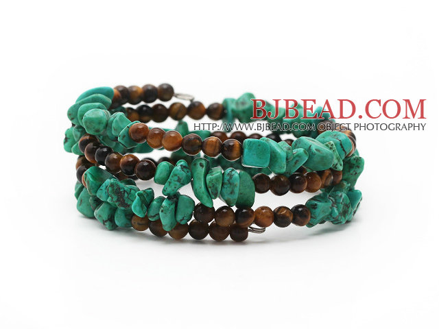 Assorted Turquoise Chips and Tiger Eye Three Times Wrapped Bracelet
