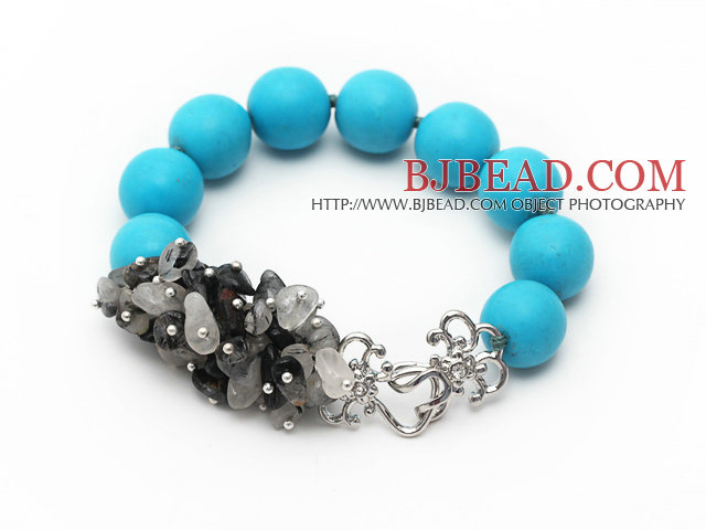 New Design Round Blue Turquoise and Black Rutilated Quartz Knotted Bracelet