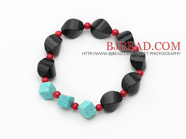 Assorted Irregular Shape Black Agate and Red Coral and Turquose Stretch Bracelet