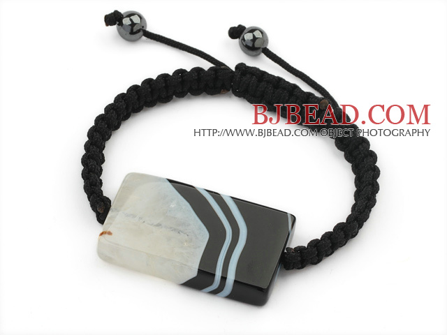 Simple Design Rectange Shape Black and White Brazil Striped Agate and Hematite Beads Adjustable Drawstring Bracelet