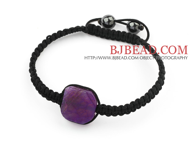 Simple Design Fillet Square Shape Purple Burst Pattern Agate and Hematite Beads Adjustable Drawstring Bracelet