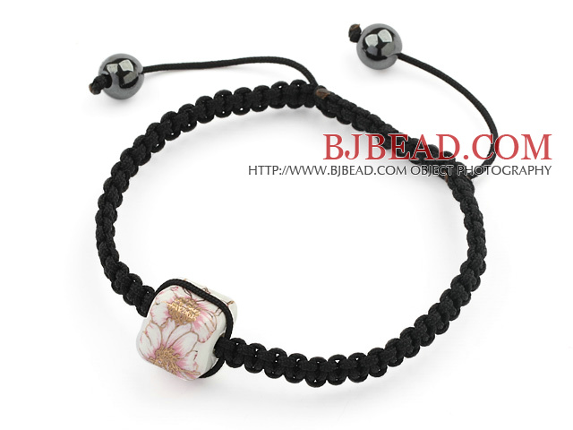 Simple Design Square Shape Pink and White Porcelain and Hematite Beads Adjustable Drawstring Bracelet