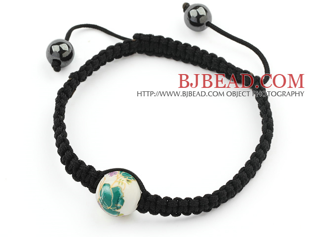 Simple Design Round Green and White Porcelain and Hematite Beads Adjustable Drawstring Bracelet