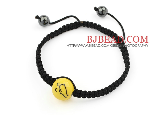 Simple Design Happy Porcelain Beads and Hematite Beads Adjustable Drawstring Bracelet