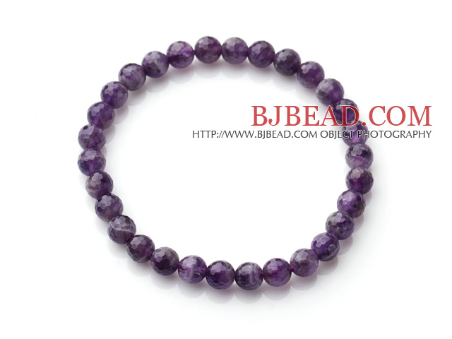 Chic Simple Design Single Strand 6mm Round Natural Faceted Amethyst Beads Elastic Bracelet