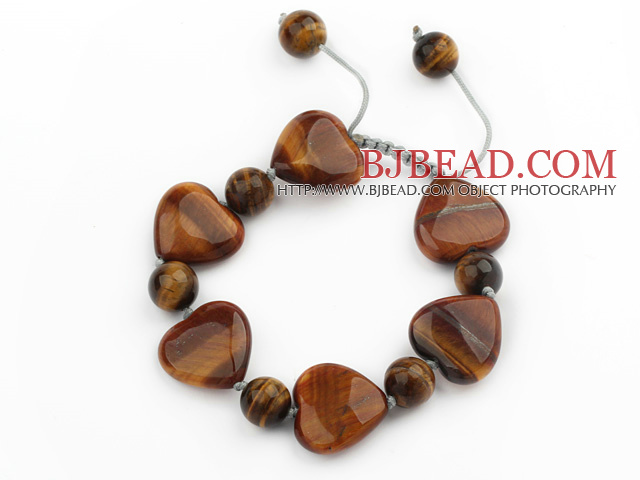Brown Series Heart and Round Shape Tiger Eye Knotted Adjustable Drawstring Bracelet