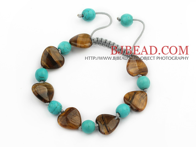 Assorted Heart Shape Tiger Eye and Round Turquoise Knotted Adjustable Drawstring Bracelet