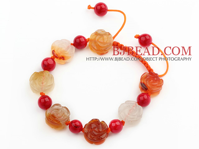 Flower Shape Natural Color Agate and Round Alaqueca Knotted Adjustable Drawstring Bracelet