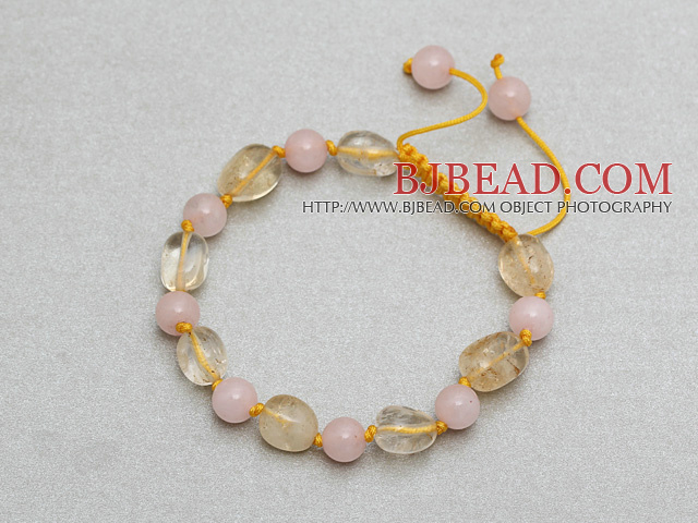 Egg Shape Citrine and Round Rose Quartz Knotted Adjustable Drawstring Bracelet