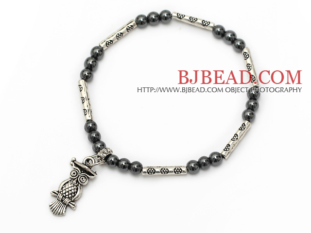 nice round tungsten steel and tibet silver tube owl charm beads bracelet