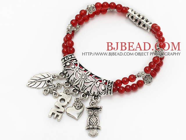 nice natural A grade round red agate and tibet silver leaf owl heart charm layer beaded bracelet