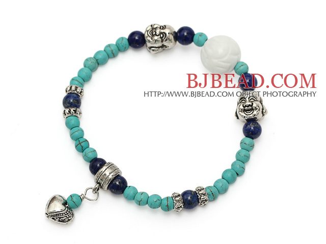 fashion round green turquoise lapis and tibet silver buddhu head heart charm bracelet