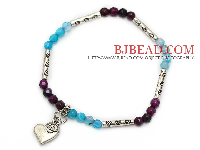 fashion 4mm round faceted purple and blue agate and tibet silver heart charm bracelet