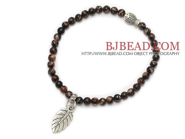fashion 4mm round red jasper and tibet silver fish leaf charm beaded bracelet