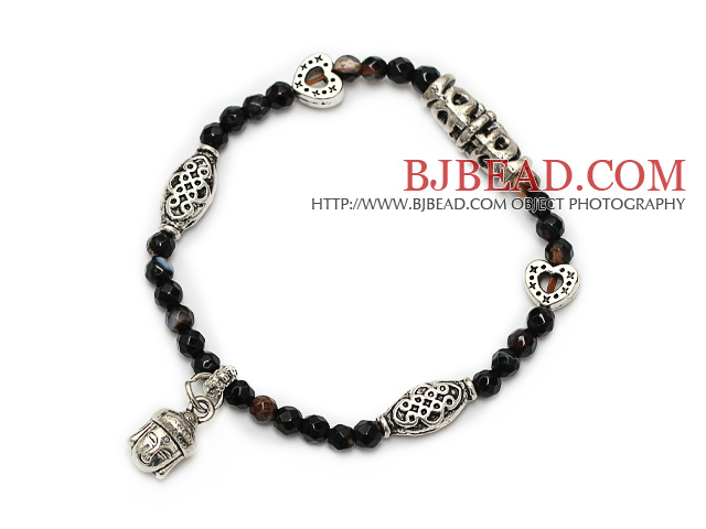 nice faceted round black agate and tibet silver buddhu head heart charm beads bracelet