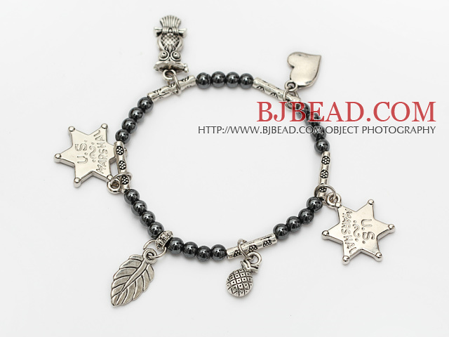 nice round tungsten steel and tibet silver leaf star lucky bag and heart charm bracelet