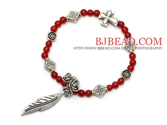 fashion A grade round natural red agate and multi tibet silver leaf flower cross charm bracelet