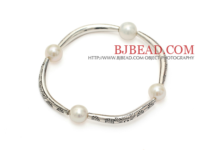 Classic A Grade Natural White Freshwater Pearl And Tibet Silver Tube Charm Bracelet