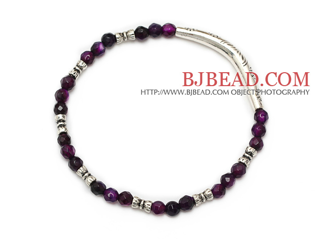 nice round faceted purple agate and tibet silver tube charm beaded bracelet