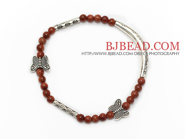 elegant round goldstone and tibet silver butterfly tube charm beads bracelet