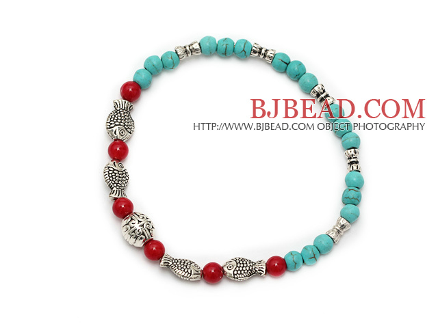 nice round 4mm blue turquoise coral and tibet fishes charm beaded bracelet
