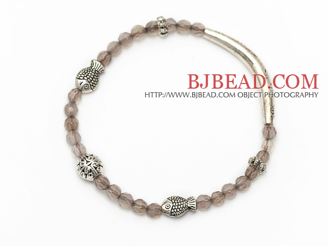 lovely round gray agate and tibet silver fish tube charm beads bracelet
