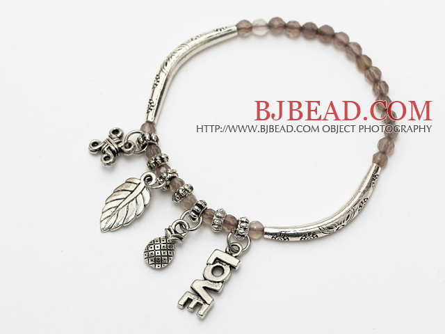 nice round gray agate and tibet silver leaf lucky bag and tube charm bracelet