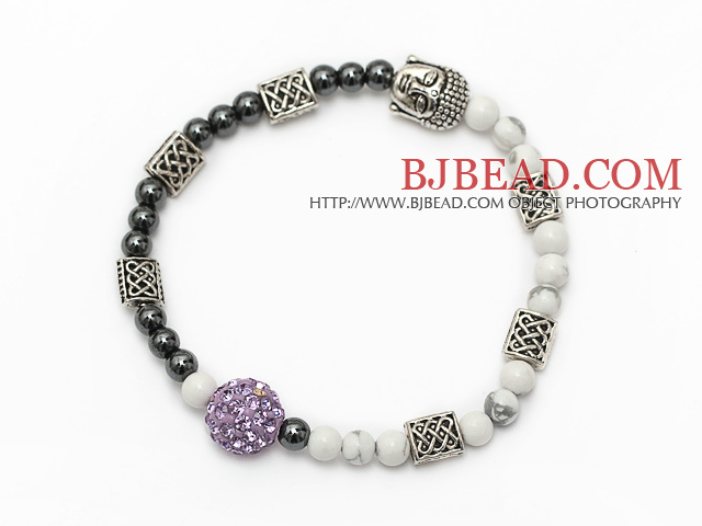 lovely tungsten steel stone and white turquoise and tibet silver buddhu head purple rhinestone beads bracelet