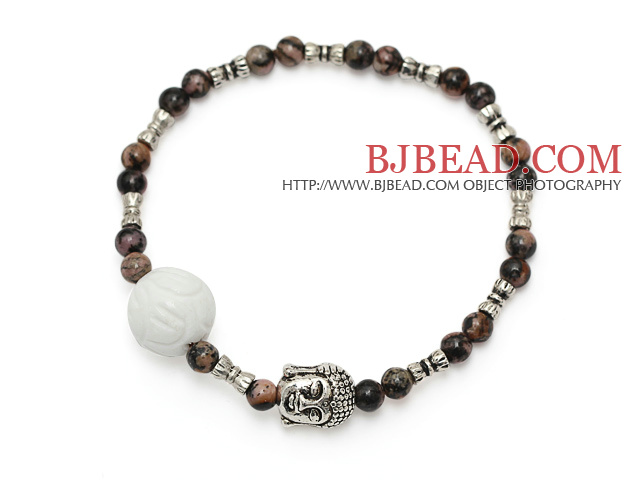 fashion round red jasper and white sea shell lotus and tibet silver buddhu head charm bracelet