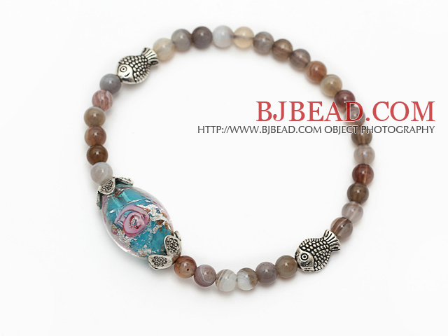 lovely round gray persian agate colored glaze and tibet silver fish charm beads bracelet