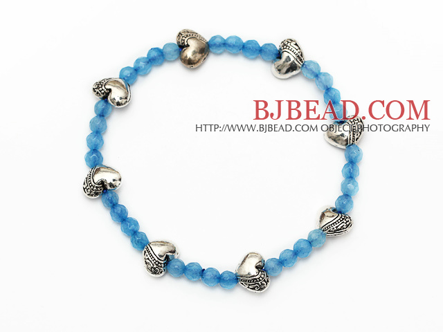 nice round blue jade and tibet silver heart charm beads bracelet
