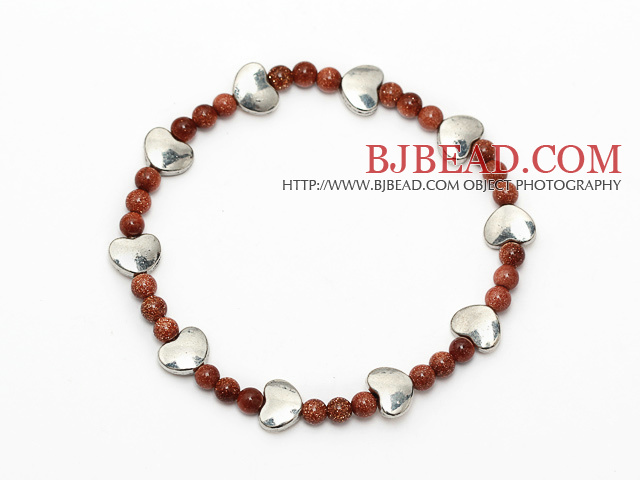 elegant round goldstone and tibet silver heart charm beaded bracelet