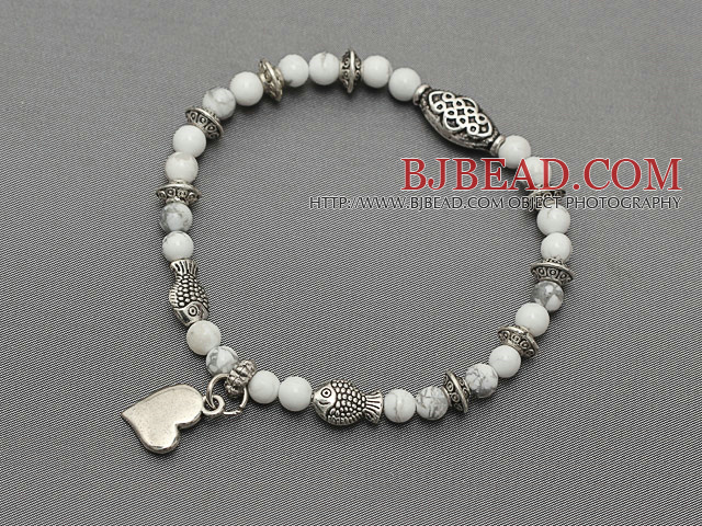 soft round white turquoise and multi tibet silver fish heart charm beaded bracelet