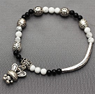 delicate round black agate and white turquoise and multi tibet silver rabbit charm bracelet