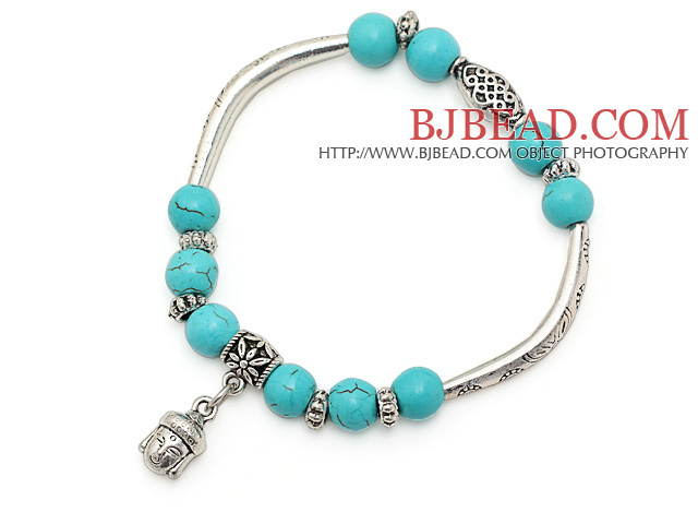 lovely 8mm round blue turquoise and mutli tibet silver tube buddhu head charm beads bracelet