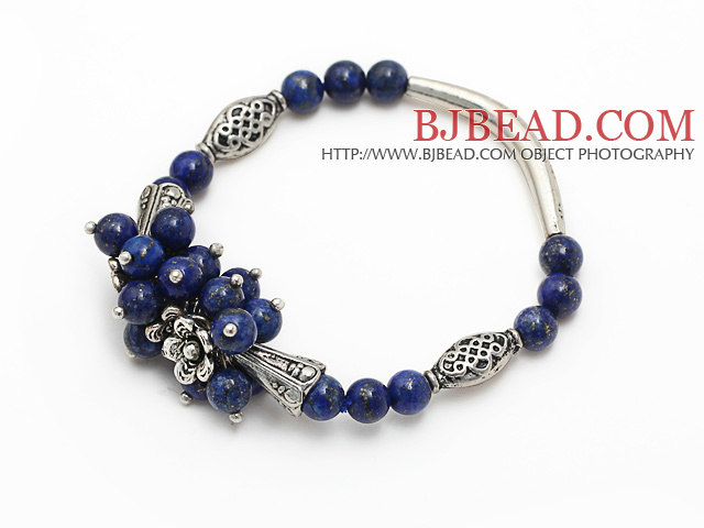 fashion cluster 6mm round lapis stone and tibet silver tube horn charm bracelet