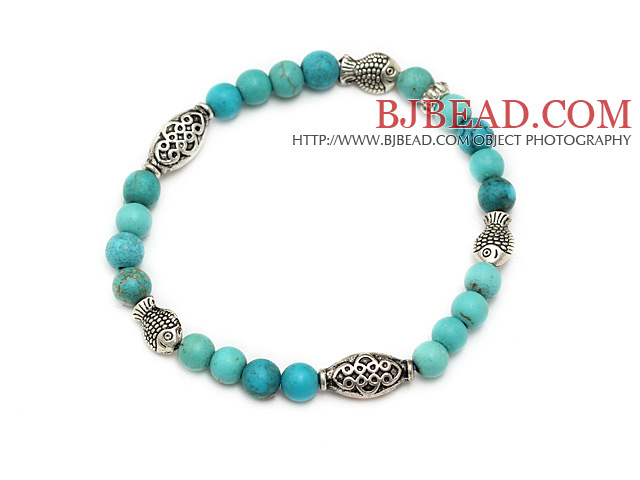 nice 6mm round blue turquoise and tibet silver fish charm beaded bracelet
