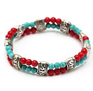 fashion 4mm double strands round blue turquoise and red coral tibet silver charm elastic bracelet