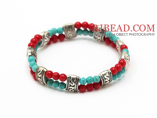 fashion 4mm double strands round blue turquoise and red coral tibet silver charm elastic bracelet