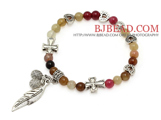 fashion 6mm three color jade and multi tibet silver cross heart leaf bag charm bracelet
