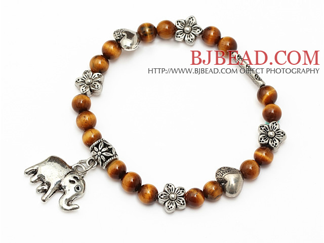 classic 6mm round tiger eye and tibet silver flower heart elepant charm beaded bracelet