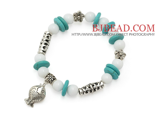 beautiful disc turquoise white porcelain stone and tibet silver tube flower fish charm bracelet