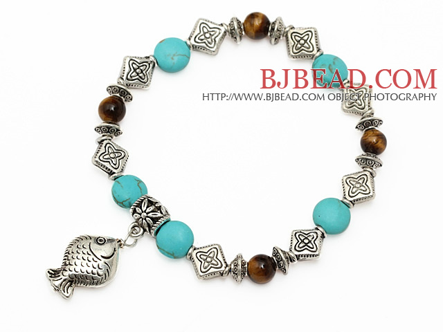 fashion blue turquoise round tiger eye and tibet silver fish charm beads bracelet