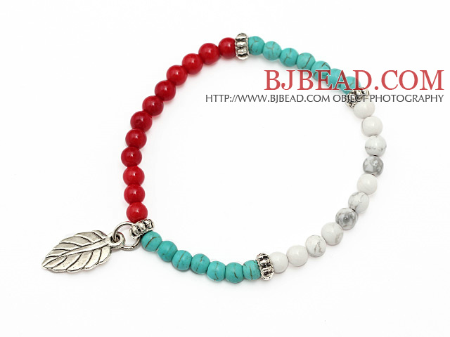 lovely 4mm white and blue round turquoise red coral and tibet silver leaf charm beaded bracelet